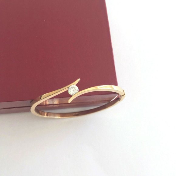 14K Real Yellow Gold Small CZ Bangle Bracelet - Picture 10 of 13